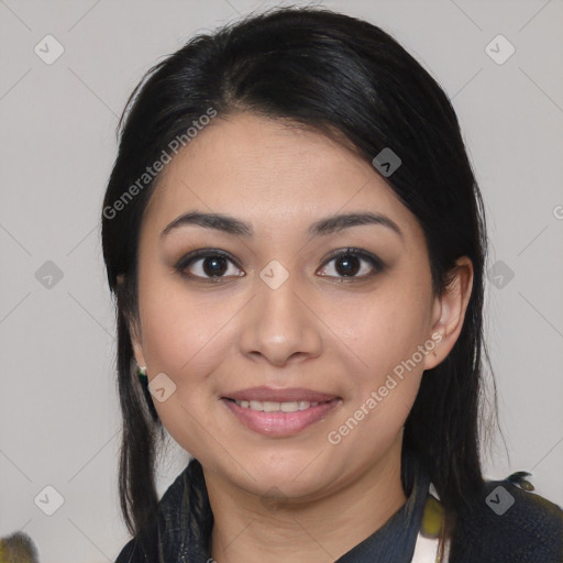 Joyful asian young-adult female with medium  black hair and brown eyes