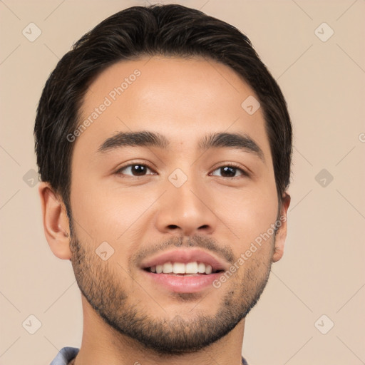 Joyful white young-adult male with short  black hair and brown eyes