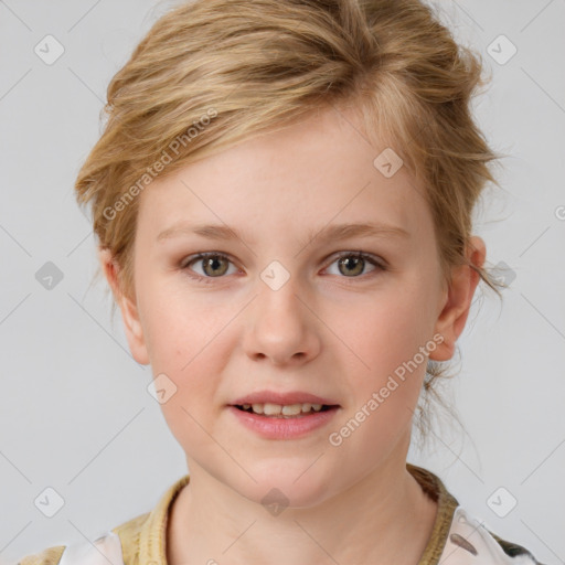 Joyful white child female with medium  brown hair and grey eyes