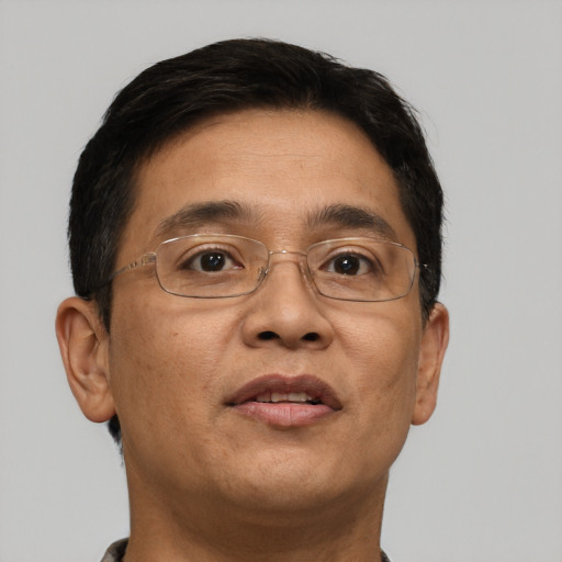 Neutral asian adult male with short  brown hair and brown eyes