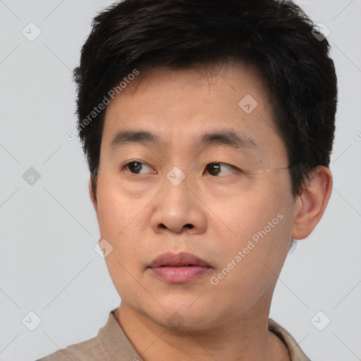 Neutral asian young-adult male with short  brown hair and brown eyes