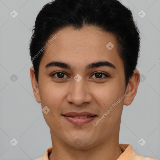 Joyful latino young-adult female with short  brown hair and brown eyes