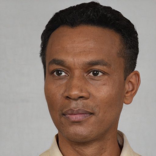 Neutral black adult male with short  black hair and brown eyes