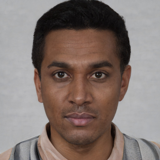 Neutral latino young-adult male with short  black hair and brown eyes