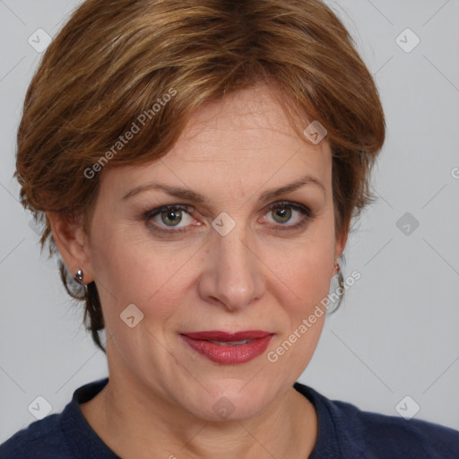 Joyful white adult female with medium  brown hair and grey eyes