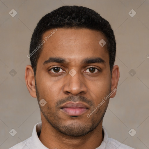 Neutral latino young-adult male with short  black hair and brown eyes