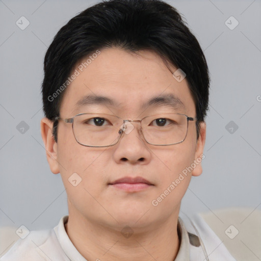 Neutral asian young-adult male with short  brown hair and brown eyes