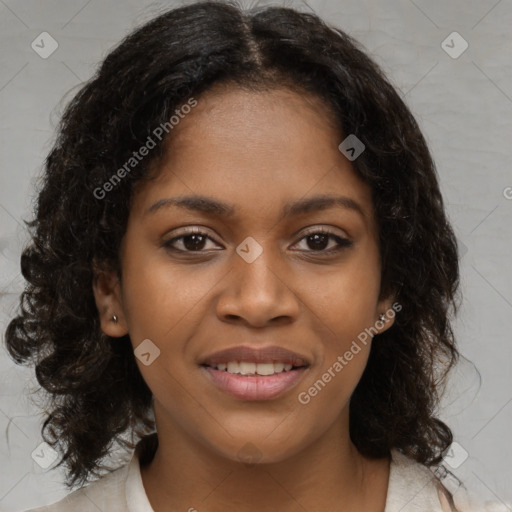 Joyful black young-adult female with medium  brown hair and brown eyes