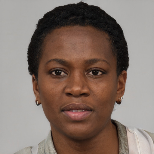 Neutral black young-adult female with short  black hair and brown eyes