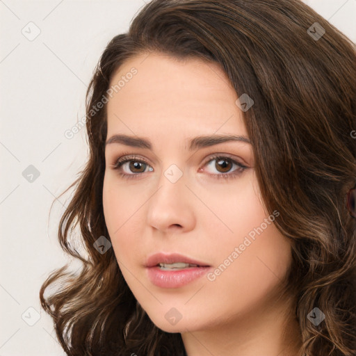 Neutral white young-adult female with long  brown hair and brown eyes