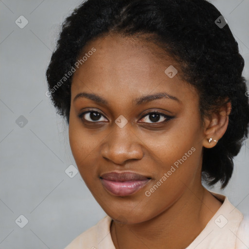 Joyful black young-adult female with medium  black hair and brown eyes