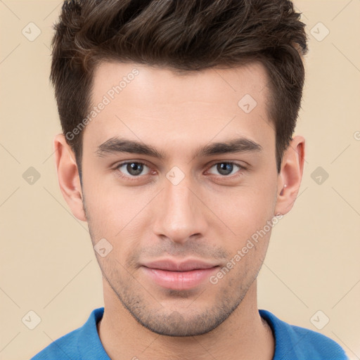 Neutral white young-adult male with short  brown hair and brown eyes