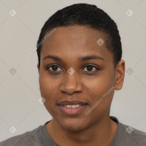 Joyful black young-adult female with short  black hair and brown eyes