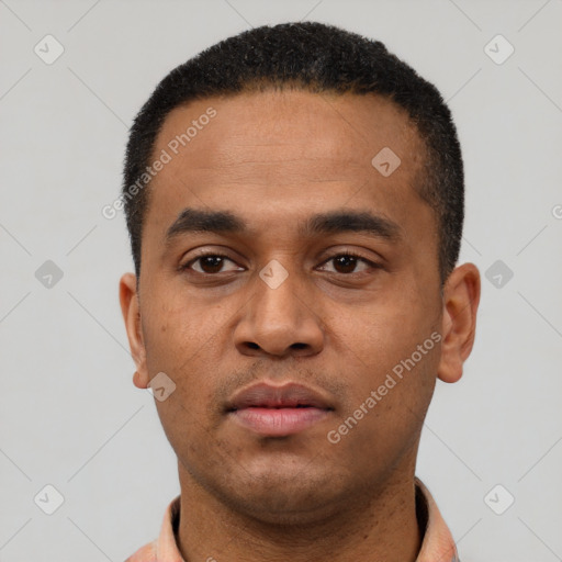 Neutral latino young-adult male with short  black hair and brown eyes