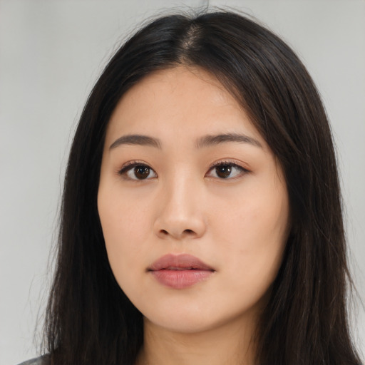 Neutral asian young-adult female with long  black hair and brown eyes