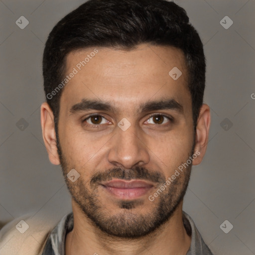 Joyful white young-adult male with short  brown hair and brown eyes