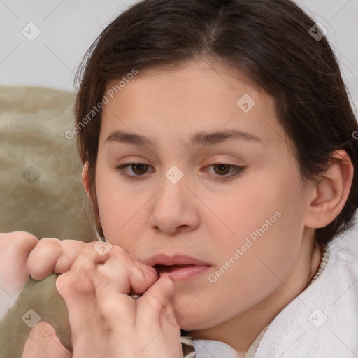 Neutral white young-adult female with medium  brown hair and brown eyes