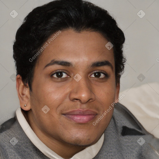 Joyful latino young-adult male with short  brown hair and brown eyes