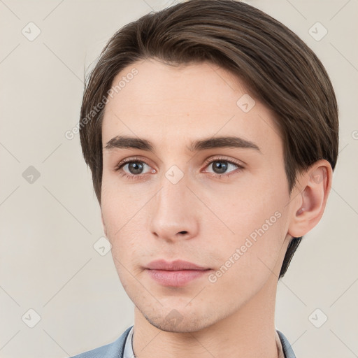 Neutral white young-adult male with short  brown hair and brown eyes