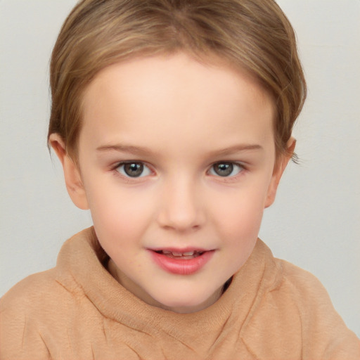 Joyful white child female with short  brown hair and brown eyes