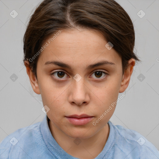 Neutral white young-adult female with short  brown hair and brown eyes