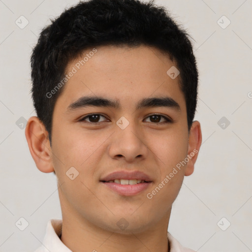 Joyful latino young-adult male with short  brown hair and brown eyes