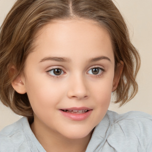 Joyful white child female with medium  brown hair and brown eyes