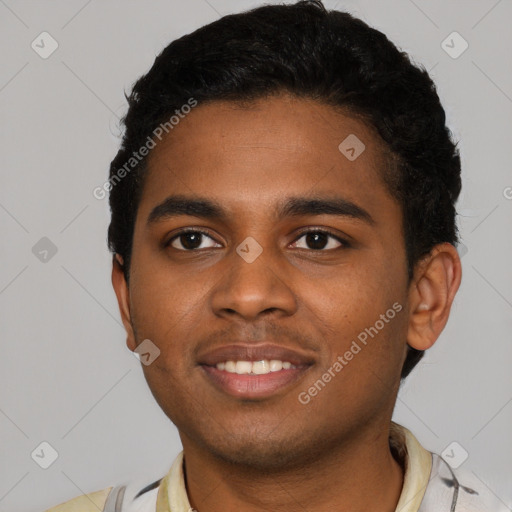 Joyful black young-adult male with short  brown hair and brown eyes