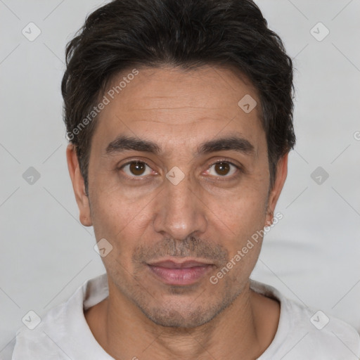 Neutral white adult male with short  black hair and brown eyes