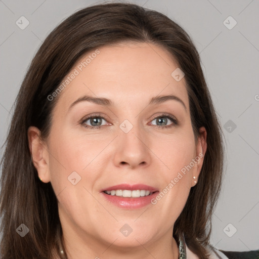 Joyful white young-adult female with medium  brown hair and grey eyes