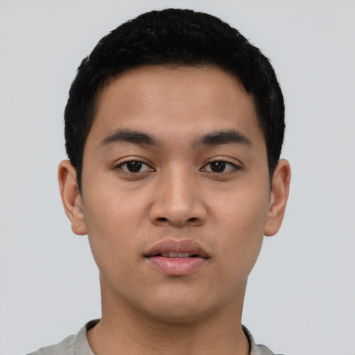 Neutral asian young-adult male with short  black hair and brown eyes