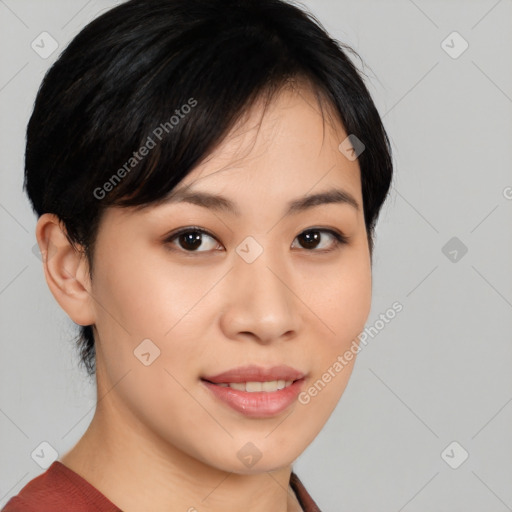 Joyful asian young-adult female with medium  black hair and brown eyes