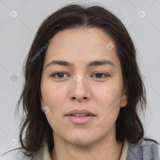 Neutral asian young-adult female with medium  brown hair and brown eyes