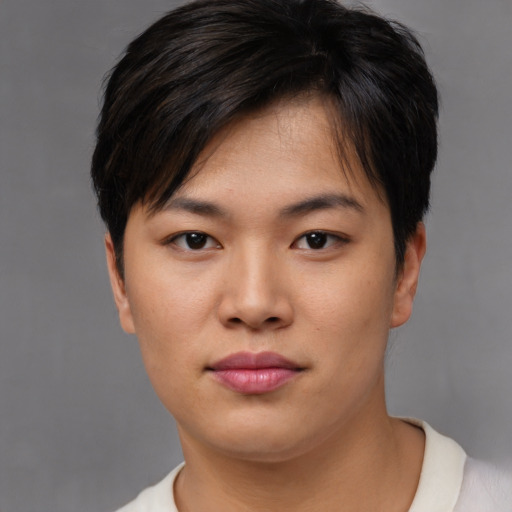 Neutral asian young-adult female with short  brown hair and brown eyes