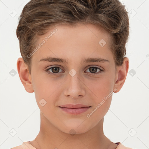 Joyful white child female with short  brown hair and brown eyes