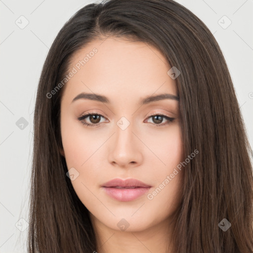 Neutral white young-adult female with long  brown hair and brown eyes