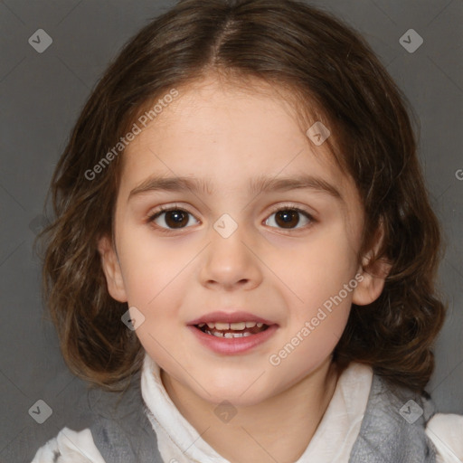 Joyful white child female with medium  brown hair and brown eyes