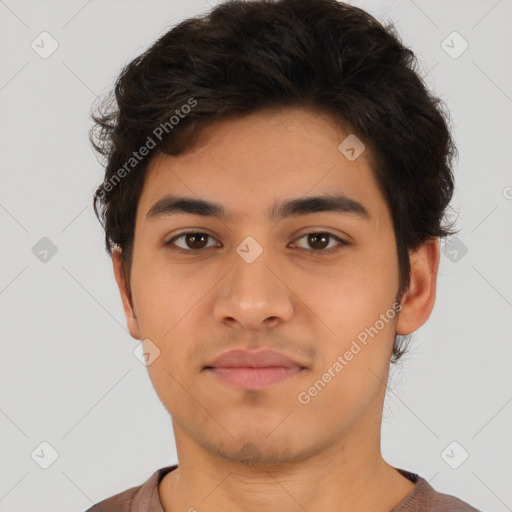 Neutral latino young-adult male with short  brown hair and brown eyes