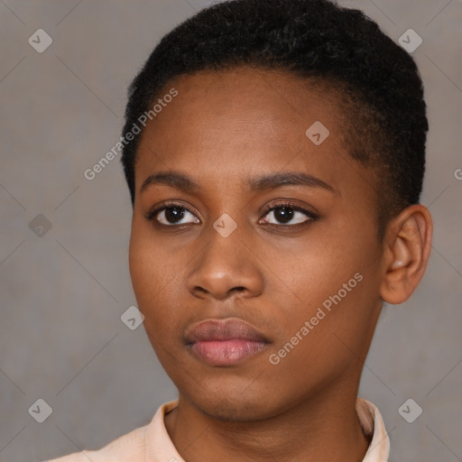 Neutral black young-adult female with short  brown hair and brown eyes