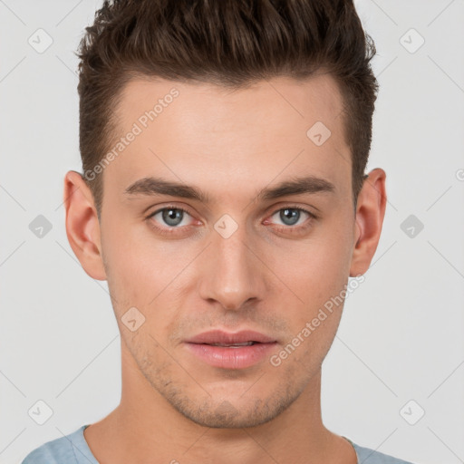 Neutral white young-adult male with short  brown hair and brown eyes