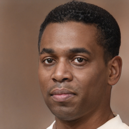 Neutral black young-adult male with short  brown hair and brown eyes