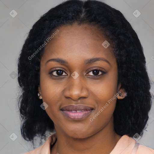 Joyful black young-adult female with medium  black hair and brown eyes