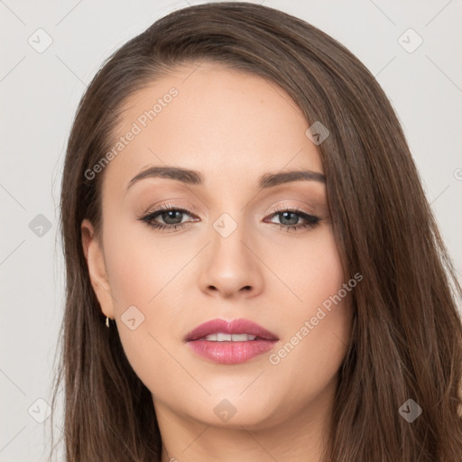 Neutral white young-adult female with long  brown hair and brown eyes