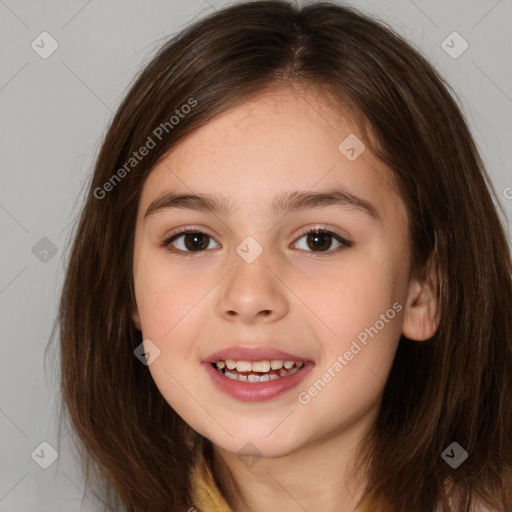 Joyful white child female with medium  brown hair and brown eyes