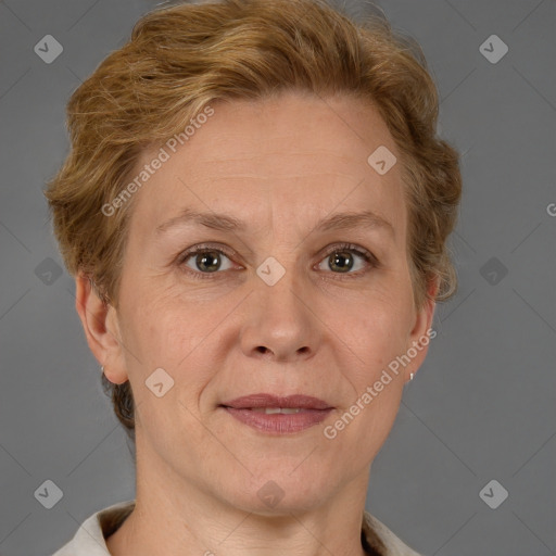 Joyful white adult female with short  brown hair and brown eyes