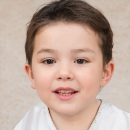 Joyful white child female with short  brown hair and brown eyes