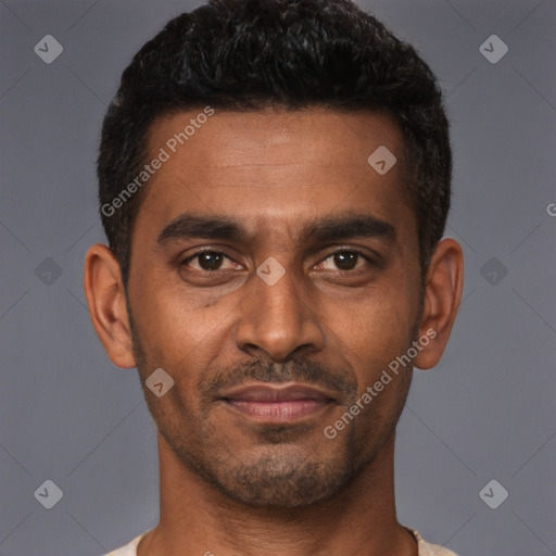Neutral latino young-adult male with short  brown hair and brown eyes