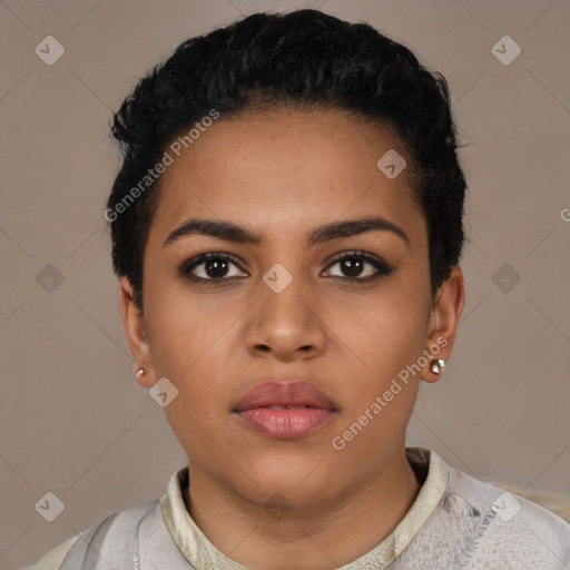 Neutral latino young-adult female with short  black hair and brown eyes