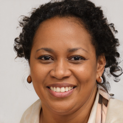 Joyful black adult female with long  brown hair and brown eyes