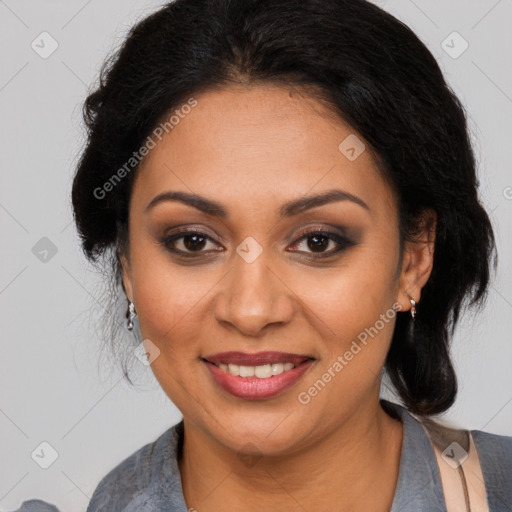 Joyful latino young-adult female with medium  black hair and brown eyes